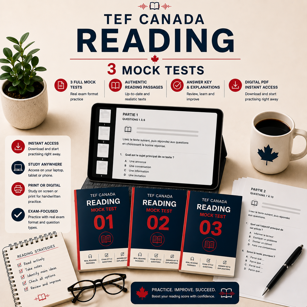 TEF Canada Reading · 3 Mock Tests