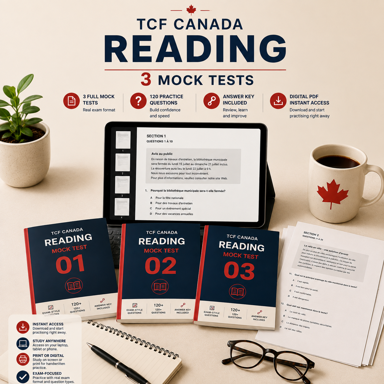 TCF Canada Reading · 3 Mock Tests